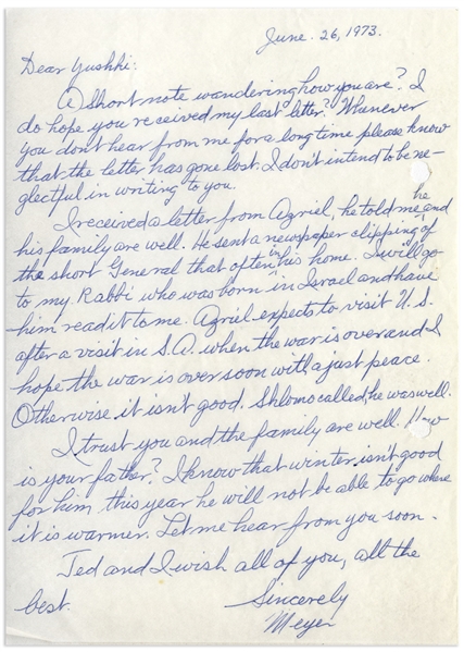 Mobster Meyer Lansky Autograph Letter Signed to Joseph Sheiner of the Israeli Security Agency, From June 1973 -- ''...I hope the war is over soon with a just peace...''